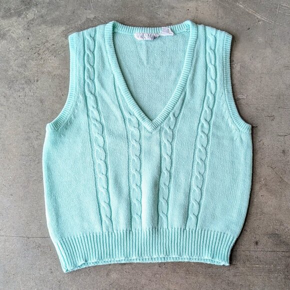 Vintage Monarch Knits Pastel Mint V-Neck Cable Knit Sweater Vest size 42 - Picture 2 of 7